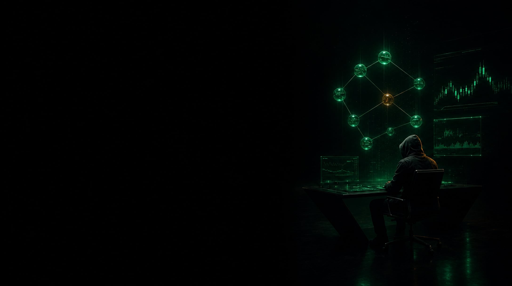 A lone hooded trader at a console in a vast dark space, a glowing emerald holographic trading-workflow node graph suspended in the air beside him